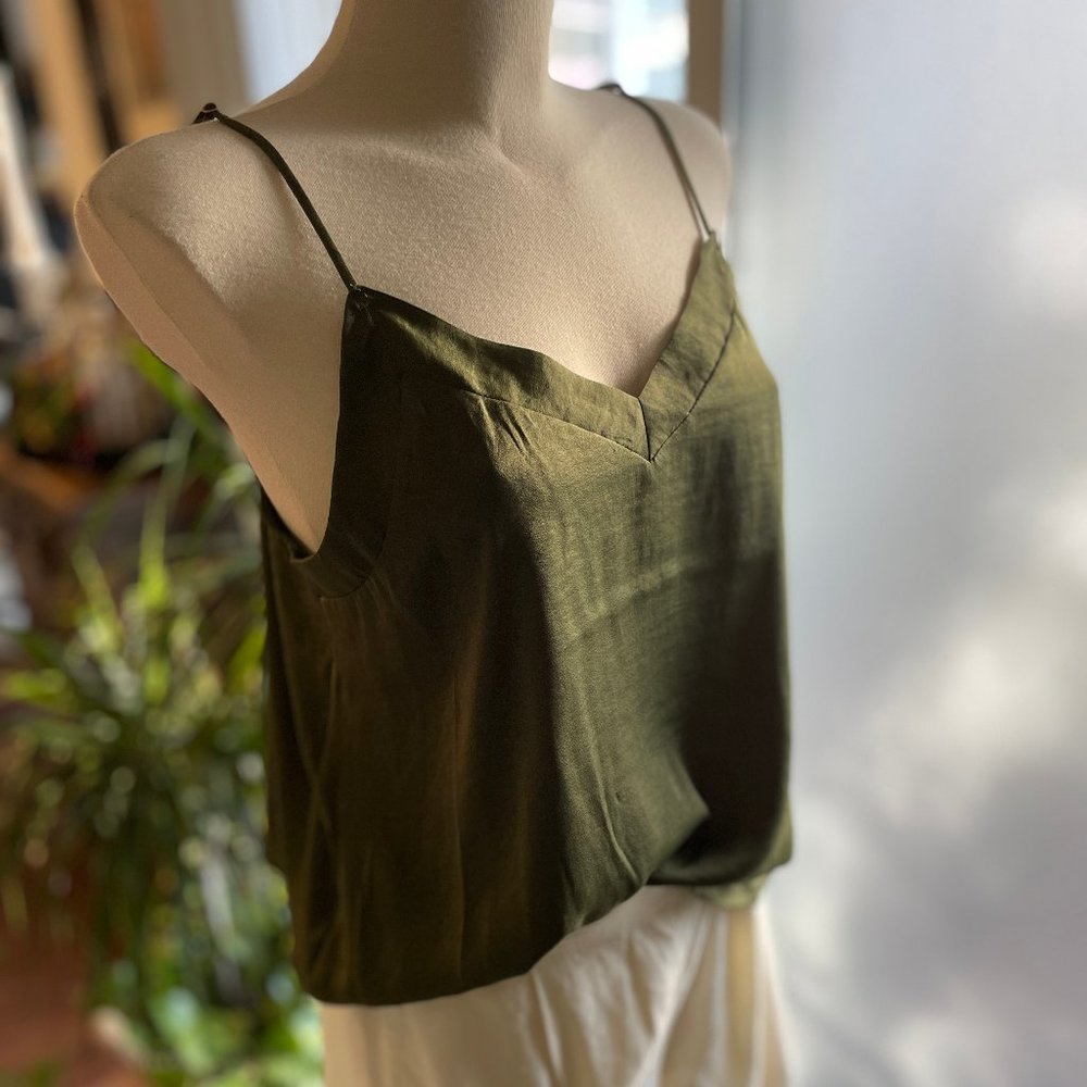 Moss Green Matte Satin Adjustable Spaghetti Strap Tank Top